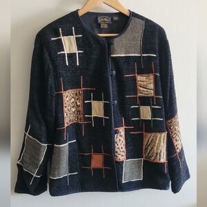 Vtg Allure textured patchwork embroidered cardigan sweater Women's Large, Black